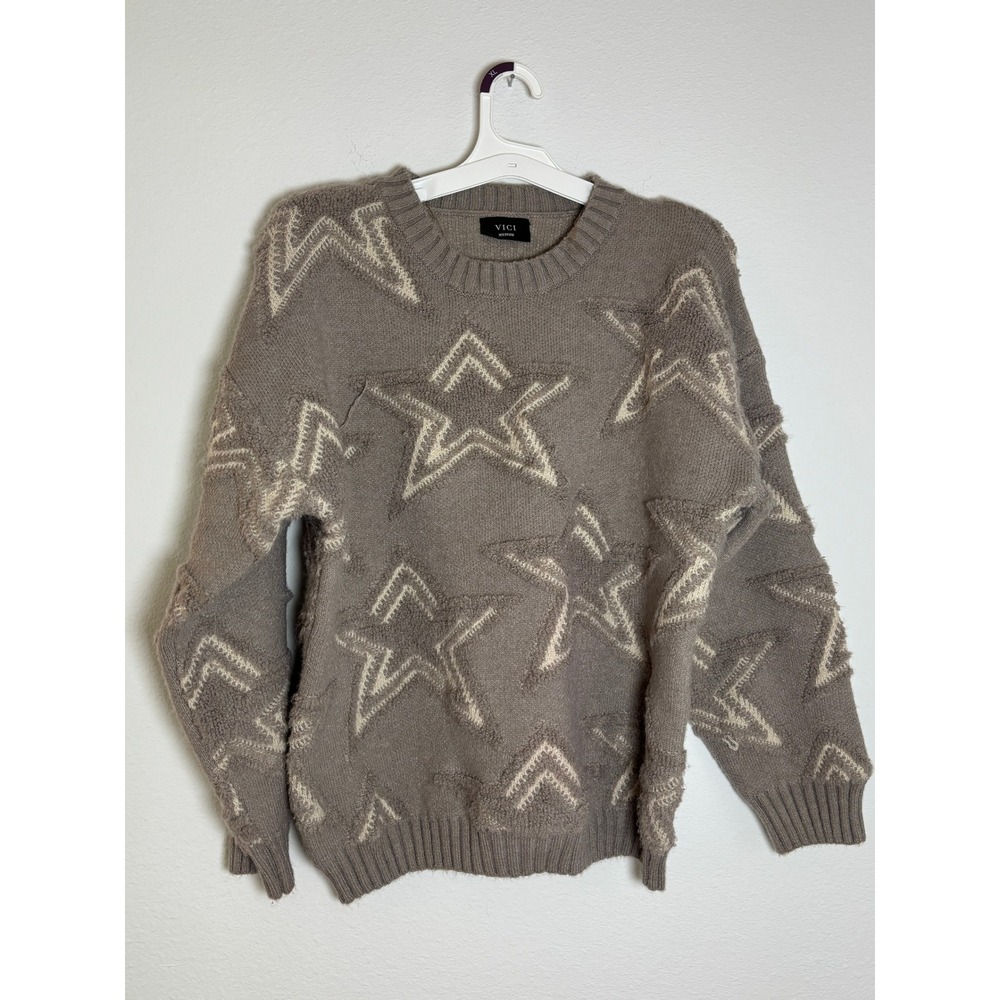 Vici Dolls Star Intarsia Knit Sweater Taupe Brown Cream Celestial Pullover M